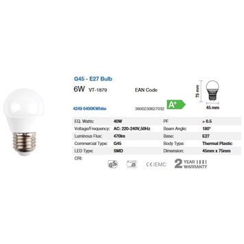 BOMBILLA LED Bulb - 6W E27 G45 6000K "blanca" V-TAC