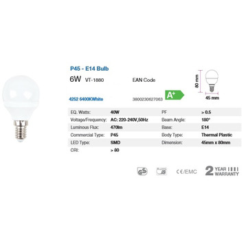 BOMBILLA LED Bulb - 6W E14 P45 6000K "blanca" SKU-4252 V-TAC