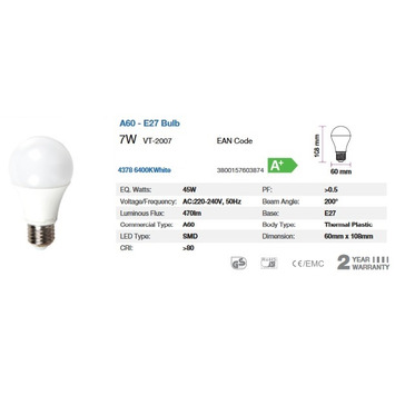 BOMBILLA LED Bulb - 7W E27 A60 Thermoplastic 6000K "blanca" V-TAC U-4378