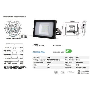 10W LED Floodlight Black Body SMD 6000K "blanca" (foco-proyector) V-TAC