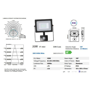 20W LED Sensor Floodlight Black Body SMD 6000K "blanca" (foco-proyector) V-