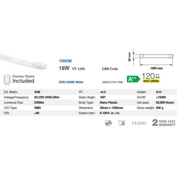 LED Tubo SAMSUNG CHIP T8 18W 120 cm ?++ 6000K "blanca" - NEW (tubo) V-TAC