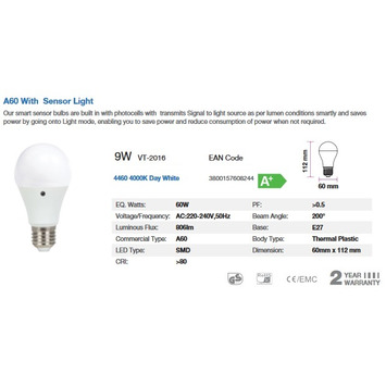 BOMBILLA LED Bulb-9WE27A60 Thermoplastic Sensor 200D4000KDay"blanca" 2UDS