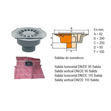 SUMIDERO KIT TERRAZA s/horizontal Ø 110 (lamina WATER-STOP) GURU