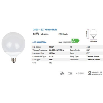 BOMBILLA LED Bulb - 18W G120 E27 6400K "blanca" SAMSUNG CHIP V-TAC