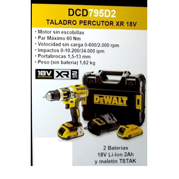 TALADRO PERCUTOR 18V 60Nm Li-ion 2 (2bat + maletin) DEWALT DCD795D2-QW