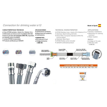 Latiguillo Ø 12-Conex. Inox. M1/2" x H1/2". 25 cms.