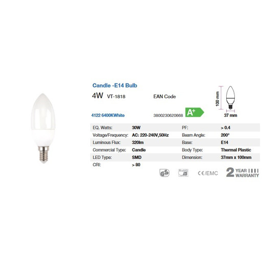 BOMBILLA LED Vela - 4W E14 Candle 6000K "blanca" V-TAC SKU-4122