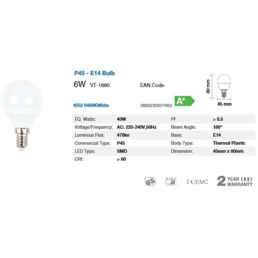 BOMBILLA LED Bulb - 6W E14 P45 6000K "blanca" SKU-4252 V-TAC