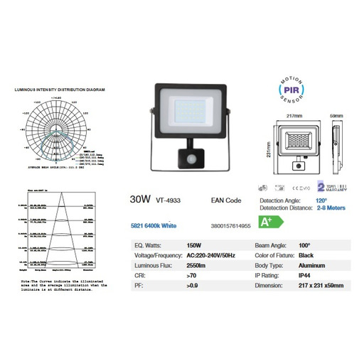 30W LED Sensor Floodlight Black Body SMD 6000K "blanca" (foco-proyector) V-