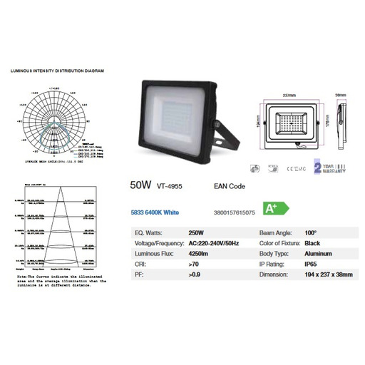 PROYECTOR 50w LED CHIP SAMSUNG 6400K "blanca" (foco-proyector) V-TAC