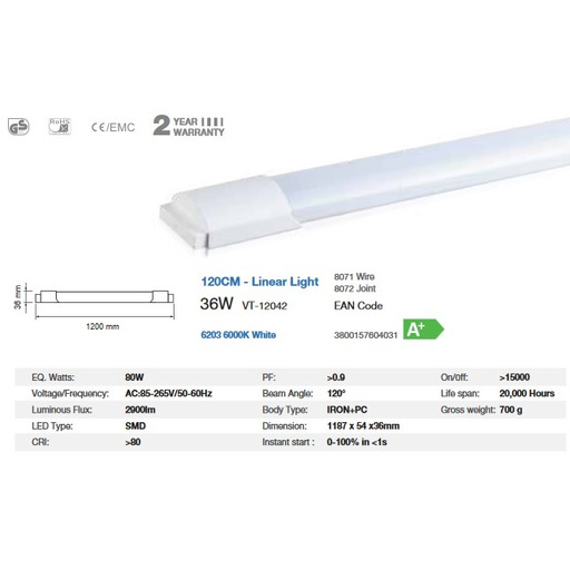 LED Tubo Fitting With 36W 120cm 6000K "blanca" (tubo+soporte cont) V-TAC