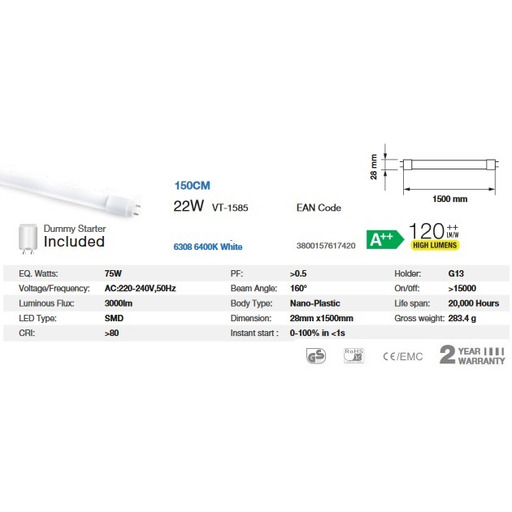 LED Tubo T8 22W 150 cm ?++ 6400K "blanca" SAMSUNG CHIP - NEW (tubo) V-TAC