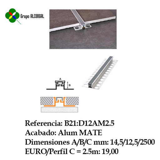 PERFIL JUNTA DILATACION 14.5/12.5/2500 Aluminio Mate CONTROLOFFICE