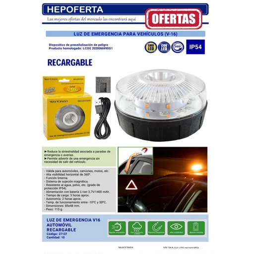 Luz Led emergencia automoviles recargable HEPOLUZ