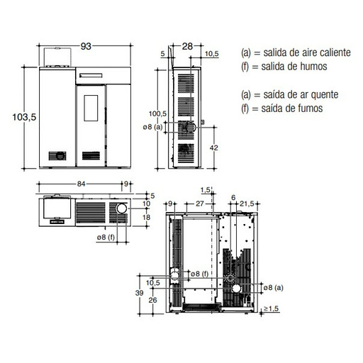 ESTUFA PELLETS DUGLIA 9.8 kw (canal-pasill) gris-negra SALGUEDA - CAMINETTI