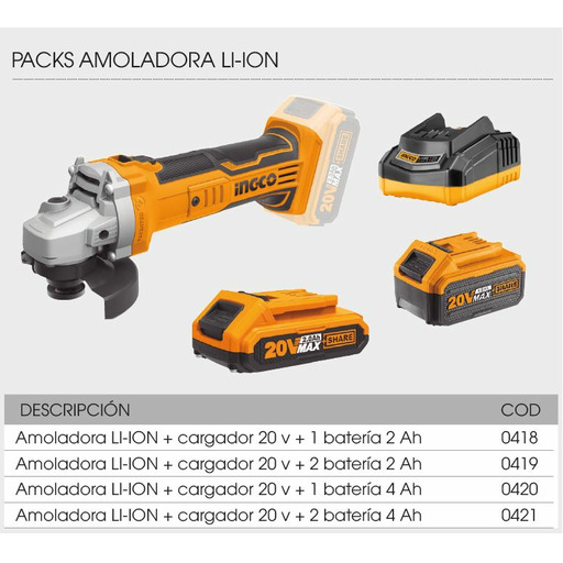 PACK MINI AMOLADORA 20 v + CARGADOR 20 v + 1 BATERIA 4AH INGCO PACK-420