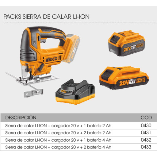 PACK SIERRA DE CALAR + CARGADOR 20V + 1 BAT. 4AH INGCO PACK-432